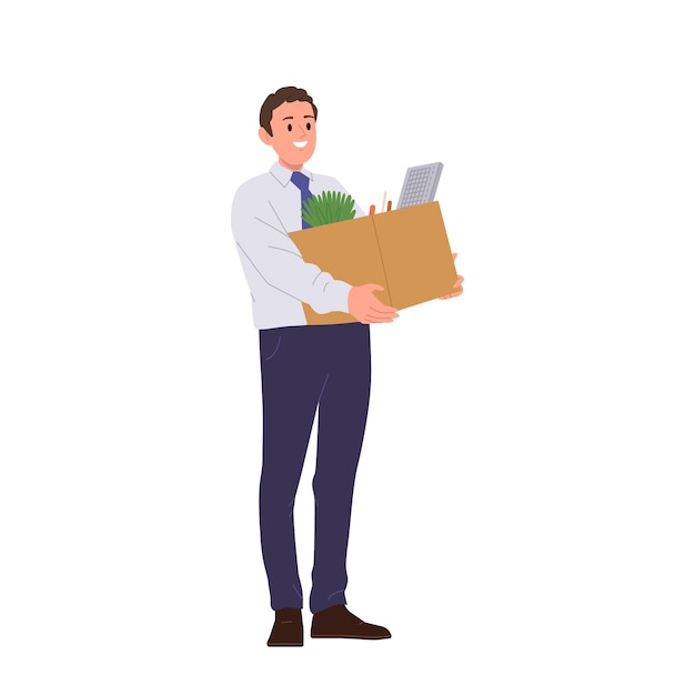 Jovem empresário ou trabalhador empregado personagem de desenho animado carregando pertences pessoais coisas em caixa mudando-se para novo escritório isolado em fundo branco Ilustração vetorial de realocação e movimento