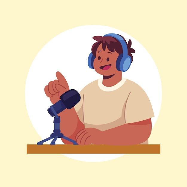 Jovem entusiasta de podcasts transmite seu programa usando um microfone e fones de ouvido