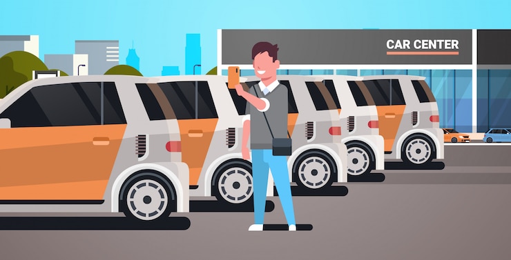Vetor jovem, escolhendo o veículo no estacionamento do centro de carro usando o aplicativo móvel carsharing conceito cara segurando o smartphone auto serviço de aluguel on-line