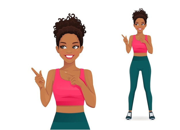Jovem esportiva apontando a ilustração vetorial isolada de gesto