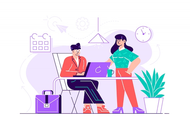 Jovem está sentado em uma mesa com computador e seu colega está apontando para uma tela e dando conselhos. Conceito de negócio do escritório. Ilustração de design moderno estilo simples para página da web, cartões