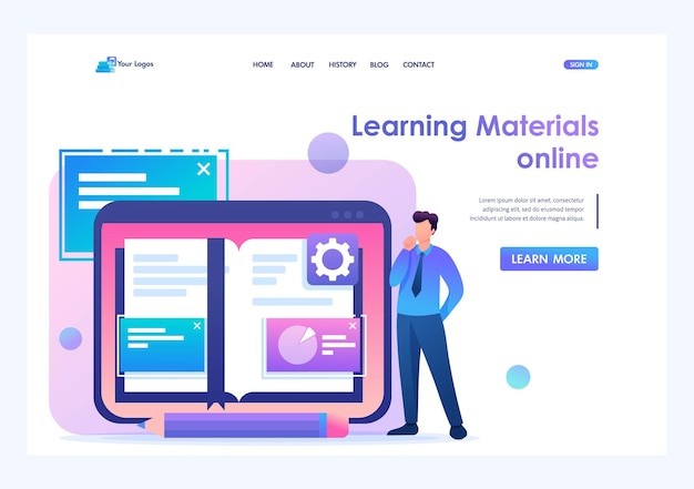 Jovem estuda os materiais das lições em formato eletrônico caractere 2d plano conceitos de página de destino e web design