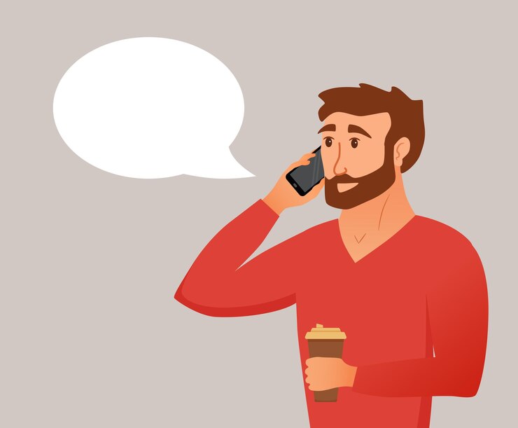 Vetor jovem falando no smartphone e entregando a xícara de café