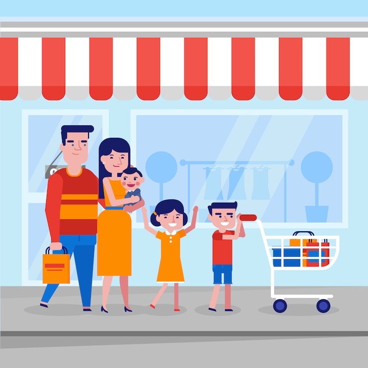 Vetor jovem família branca caucasiana com crianças às compras.