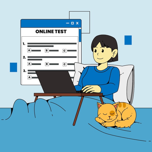Vetor jovem fazendo um teste on-line em sua cama acompanhada por seu gato ilustração desenhada à mão