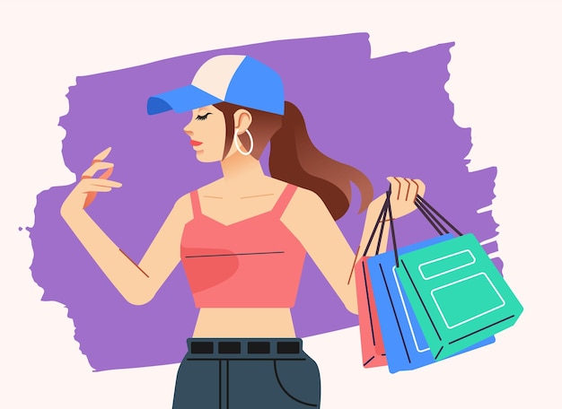 Vetor jovem felicidade alegre viciada em compras elegante mulher à moda em uma loja de shopping carregando sacos de compras