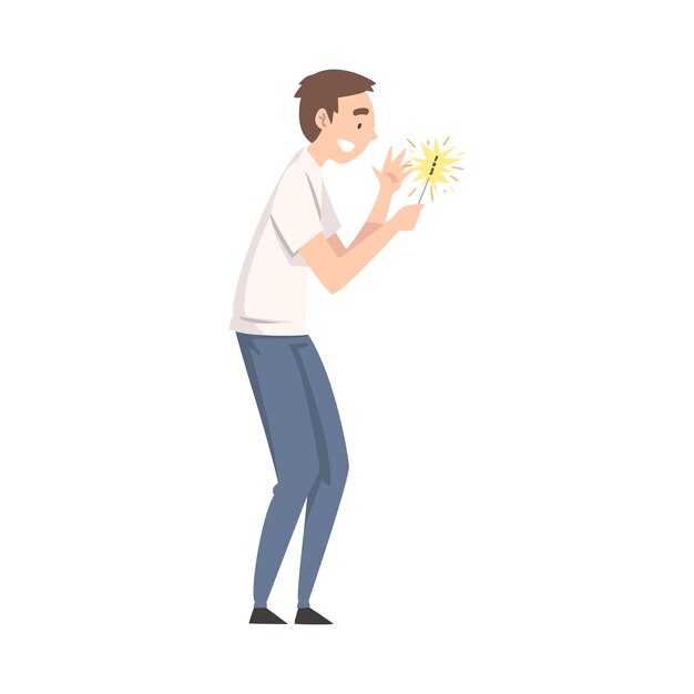 Jovem feliz com faísca em chamas Gente comemorando as férias Ilustração vetorial de estilo desenho animado