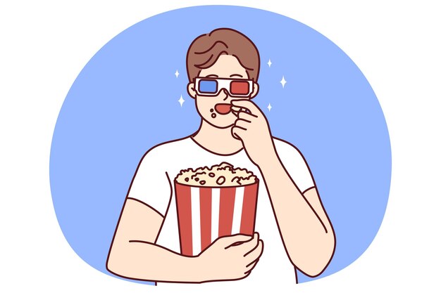 Vetor jovem feliz com óculos 3d comendo pipoca vendo um filme no cinema homem sorridente comendo um lanche