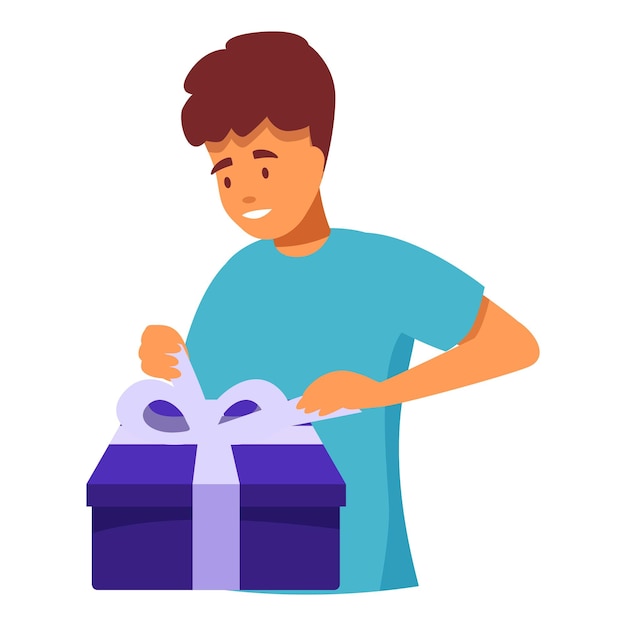 Jovem feliz desembalando uma grande caixa de presente roxa com um laço