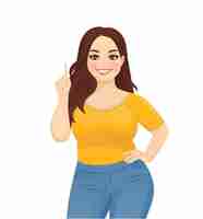 Vetor jovem feliz linda mulher plus size vestindo jeans apontando para cima ilustração vetorial isolada