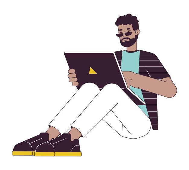 Vetor jovem feliz sentado com laptop linha plana cor vetor personagem editável contorno freelancer de corpo inteiro trabalhando em branco simples ilustração de local de desenho animado para design gráfico web