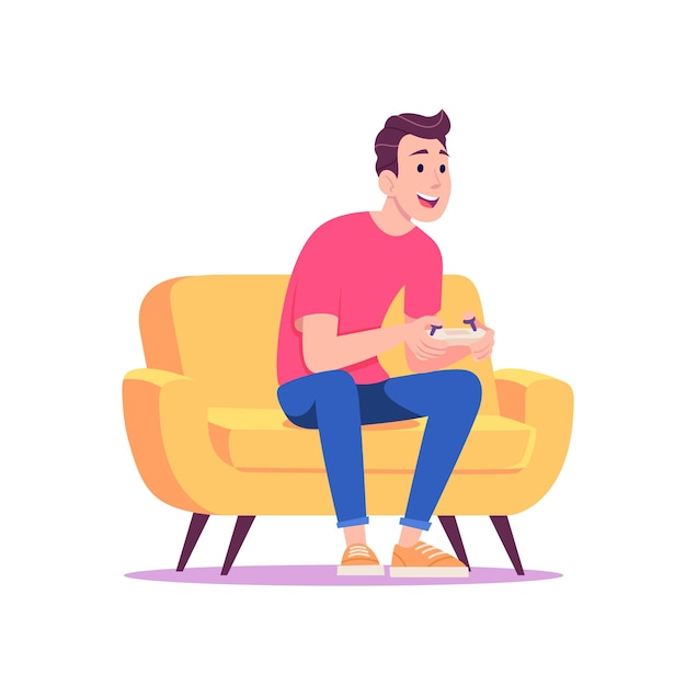 Jovem feliz sentado no sofá e jogando videogames com um gamepad