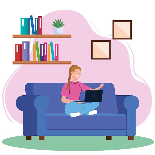 Jovem freelancer trabalhando em casa com laptop no sofá, trabalhando em casa em um ritmo relaxado, local de trabalho conveniente