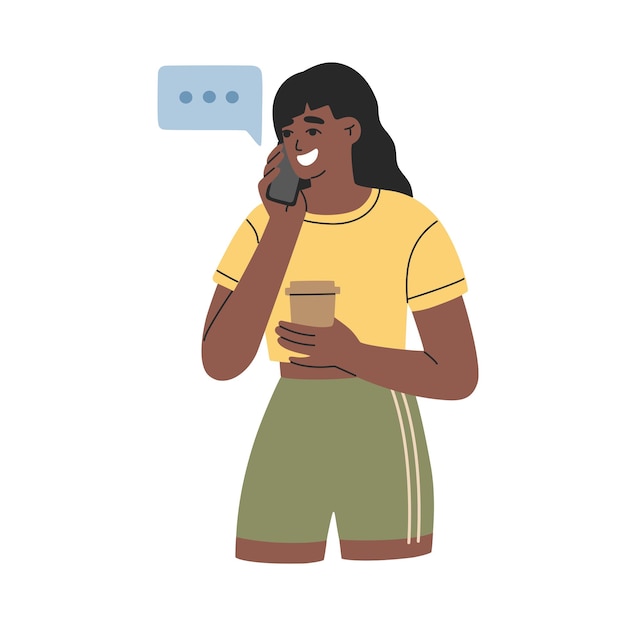 Vetor jovem garota afro-americana falando em um telefone celular com uma xícara de café aqui na mão