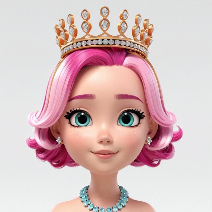 Vetor jovem garota com cabelo rosa e cor de cabelo ombre usando coroa como acessório de cabelo com pedras preciosas