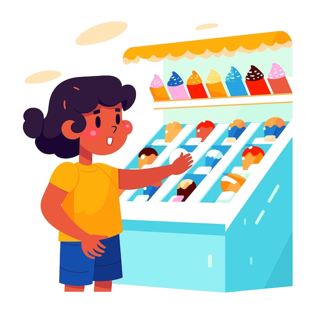 Vetor jovem garota escolhendo geladeira entusiasmada com os sabores estilo desenho animado criança cabelo preto amarelo