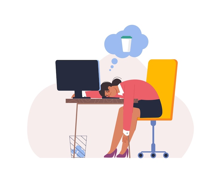 Vetor jovem gerente de escritório cansado e sonhar com café mulher afro-americana frustrado no trabalho estudante dormir frente ao computador cena vetor
