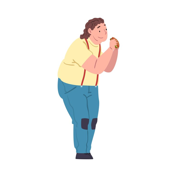 Vetor jovem gordo feliz comendo hambúrguer pessoa obesa alegre desfrutando de prato de fast food dieta não saudável