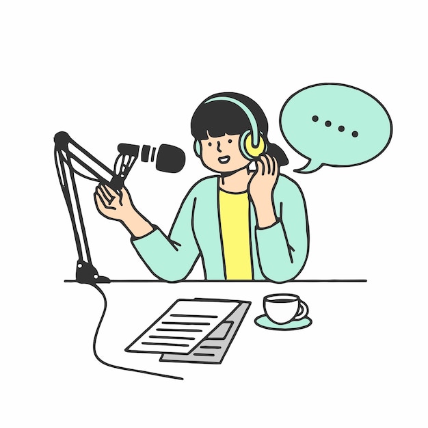 Jovem grava um programa de rádio online de podcast. caracteres de vetor doodle contorno isolados no branco.