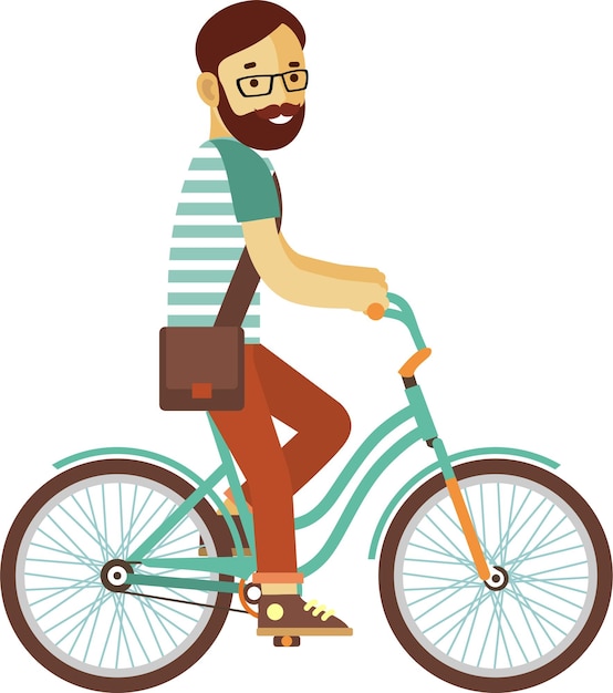 Jovem hipster em roupas casuais com barba e bigode andando de bicicleta bike flat style