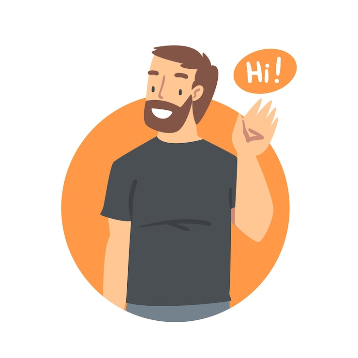 Vetor jovem homem barbudo dizendo olá e mostrando a mão saudando o gesto ilustração vetorial