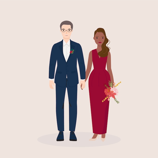 Jovem homem e mulher, casal noiva e noivo em casamento, vestido formal. ilustração vetorial na moda