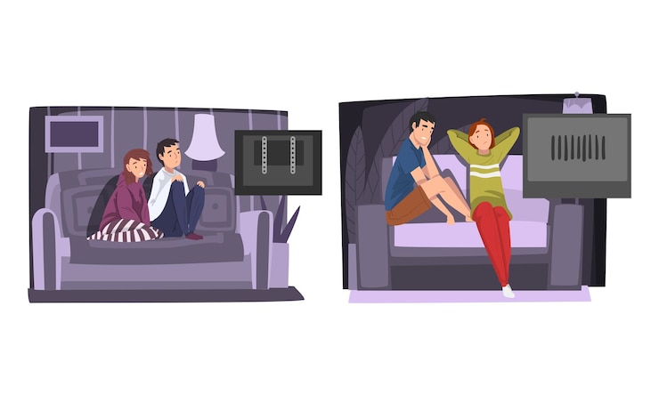 Vetor jovem homem e mulher em casa sentados no sofá e vendo filme juntos conjunto vetorial