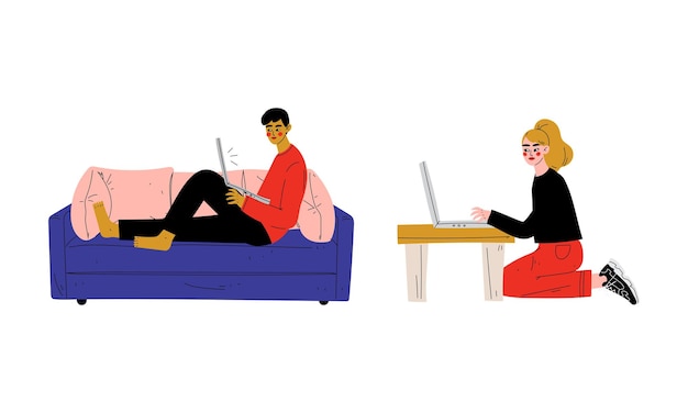 Jovem homem e mulher freelancers com laptop sentados no sofá e no chão trabalhando a partir de um conjunto de vetores em casa