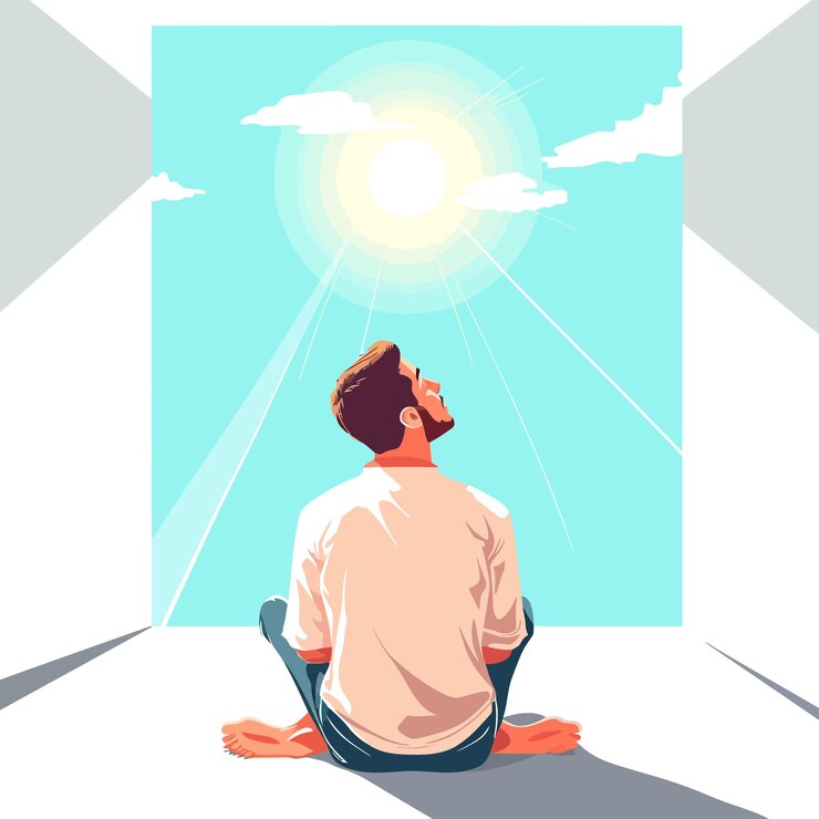 Vetor jovem-homem reza a deus olhando para o sol no céu