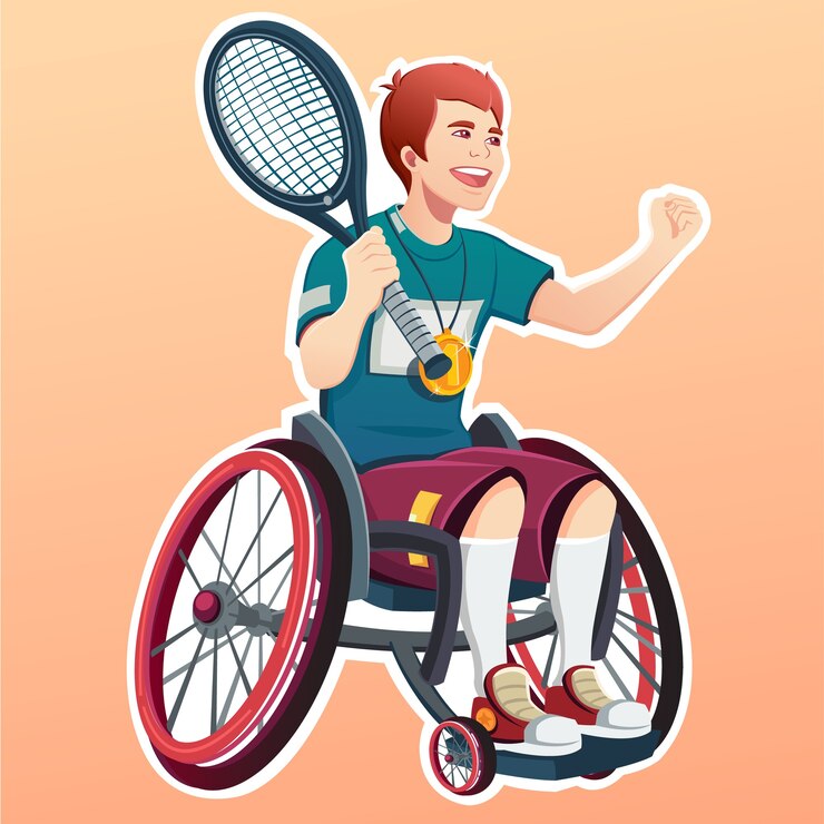 Vetor jovem jogador de tênis com deficiência. conceito de esporte. jogador de tênis deficiente com uma raquete na mão em uma cadeira de rodas.