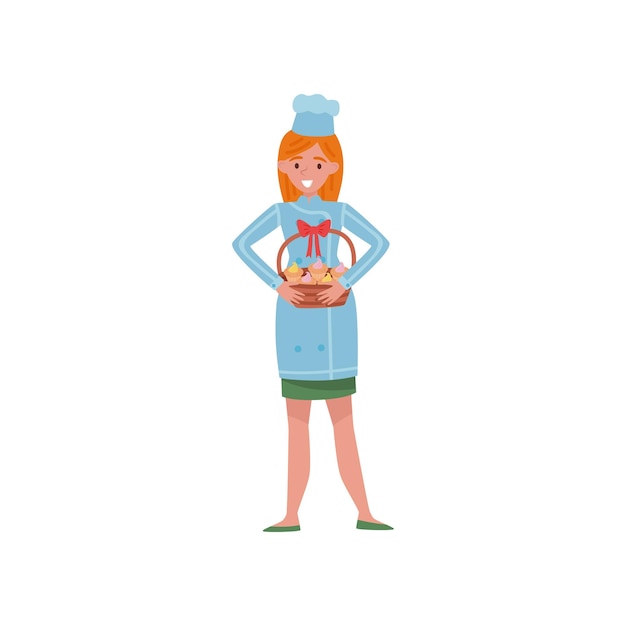 Vetor jovem jovem alegre segurando uma pequena cesta de presentes com cupcakes saborosos mulher em uniforme de trabalho e chapéu de chef personagem de desenho animado de trabalhador de padaria ilustração vetorial plana isolada em fundo branco