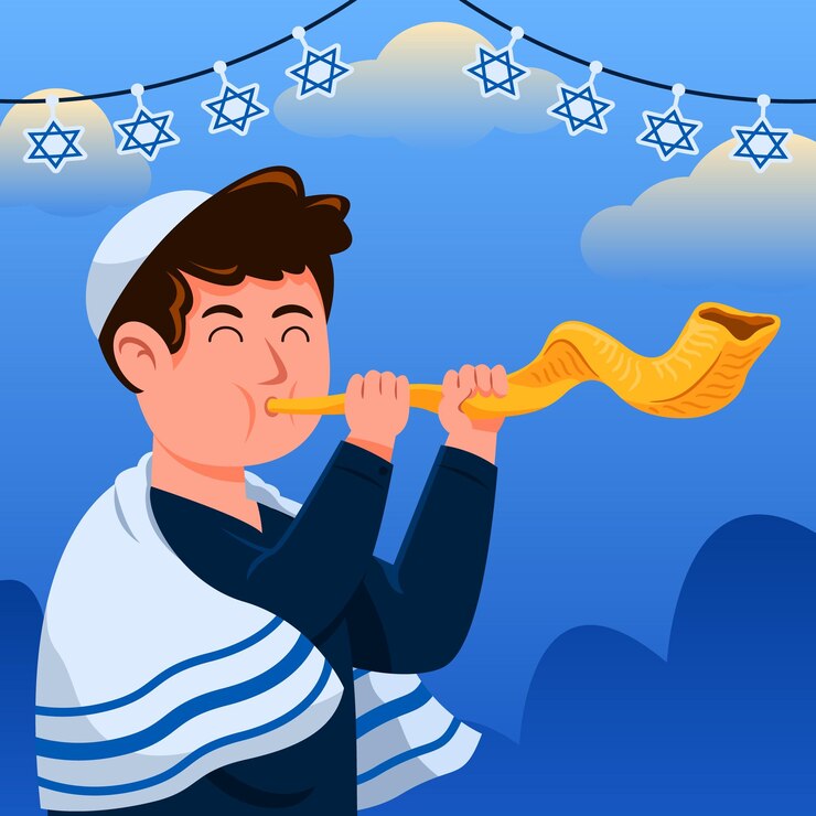 Vetor jovem judeu tocando shofar