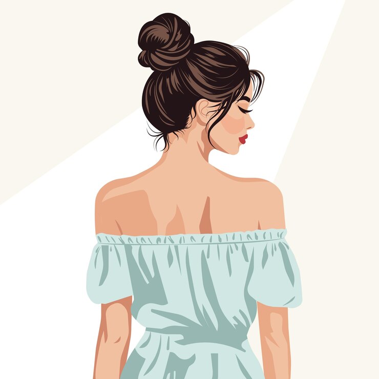 Vetor jovem linda com um feixe de cabelo bagunçado na cabeça vestindo um vestido elegante com shou nu