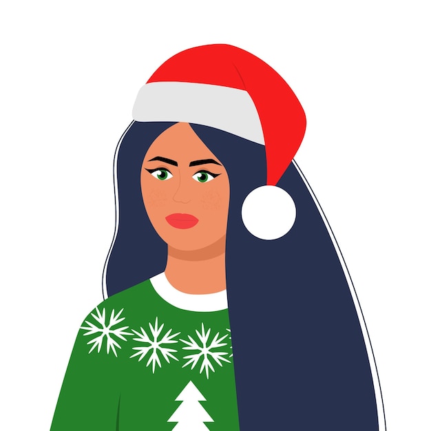 Jovem linda morena com chapéu de papai noel de natal e suéter com flocos de neve e árvore de natal