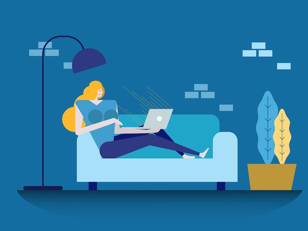 jovem linda usando um laptop em casa. elementos de design planos