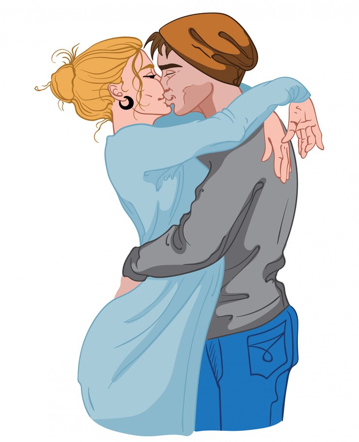 Vetor jovem loira vestida com um vestido azul beijando um homem com um suéter cinza, calça jeans e chapéu marrom