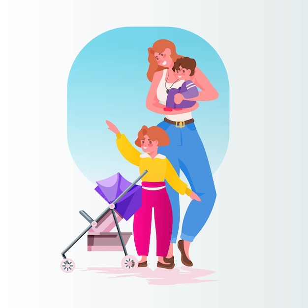 Vetor jovem mãe andando com crianças pequenas conceito de maternidade familiar feliz ilustração vetorial de corpo inteiro