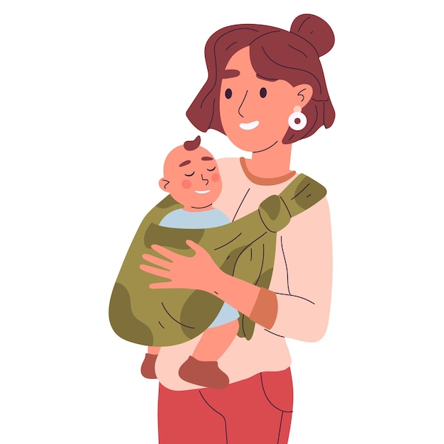 Jovem mãe com bebê mãe carregando bebê em estilingue criança fofa em mãos de mãe ilustração vetorial plana mulher com bebê em estilingue
