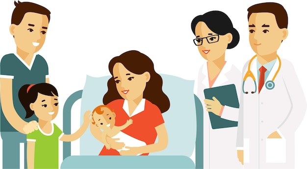 Jovem mãe com família e médicos do bebê recém-nascido