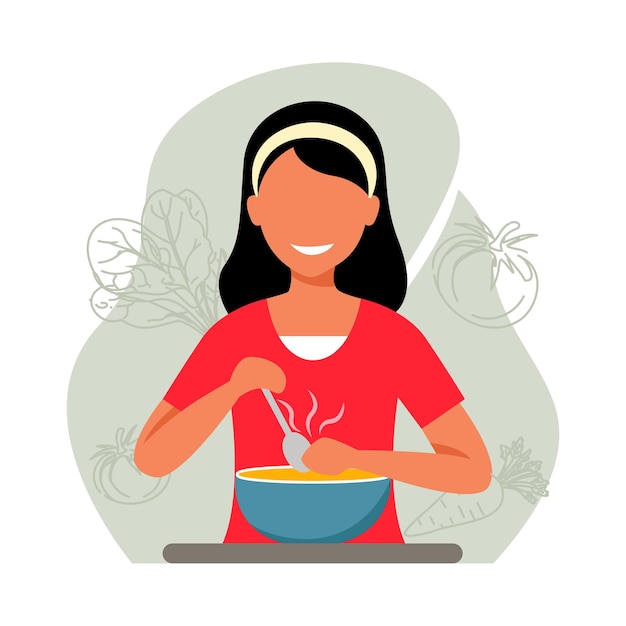 jovem mãe cozinhando sopa ilustração plana