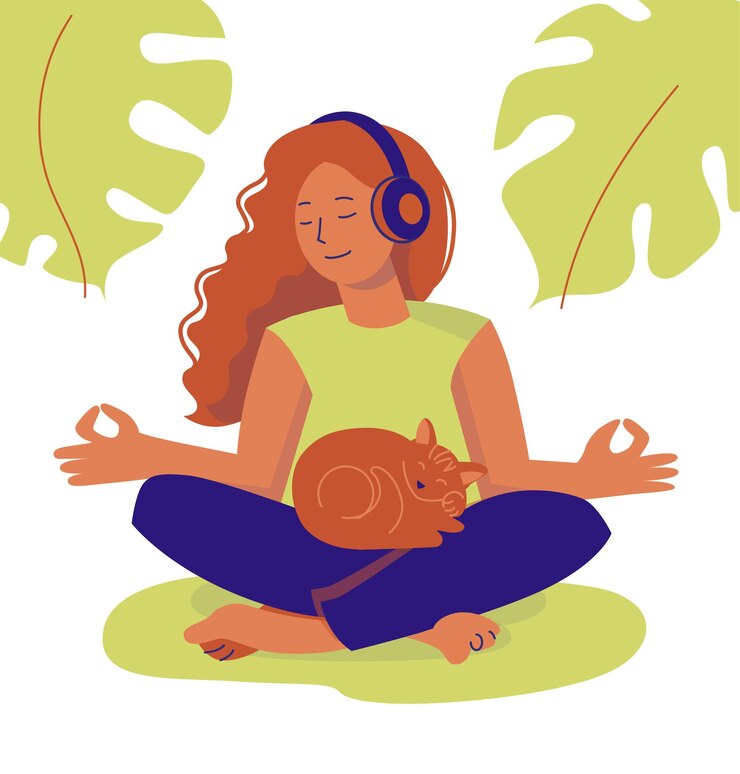 Jovem meditando em fones de ouvido com gato no colo Ilustração plana vetorial isolada em branco
