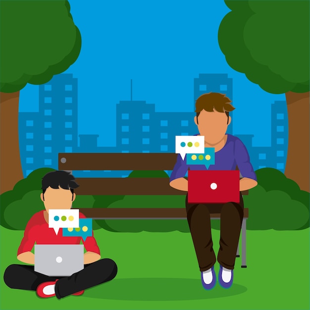 Vetor jovem mens sentado no parque com laptop, verificando a mídia social