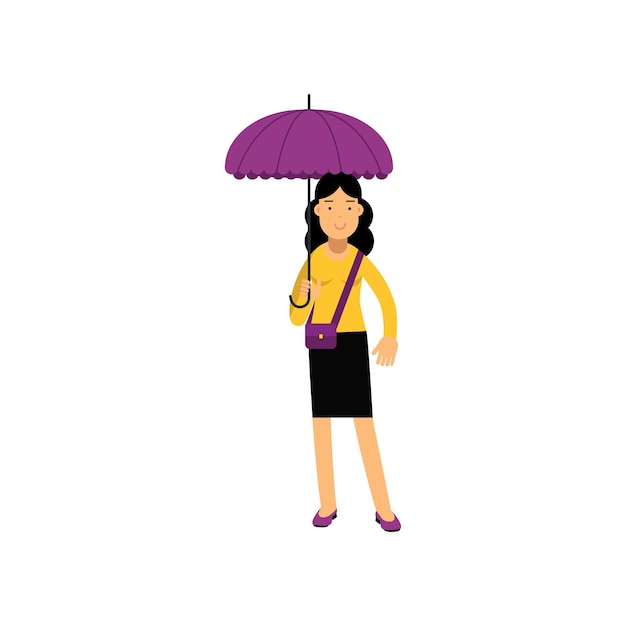 Jovem morena em pé sob ilustração vetorial de guarda-chuva roxa isolada em um fundo branco