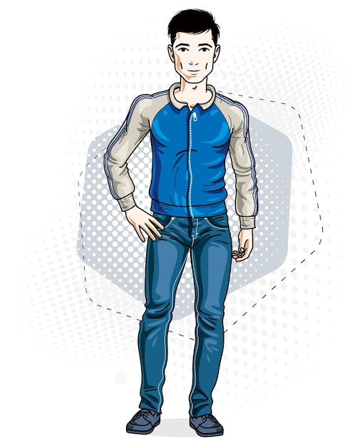 Jovem moreno bonito confiante em pé. Ilustração em vetor de homem vestindo roupas casuais, calça jeans e jaqueta.
