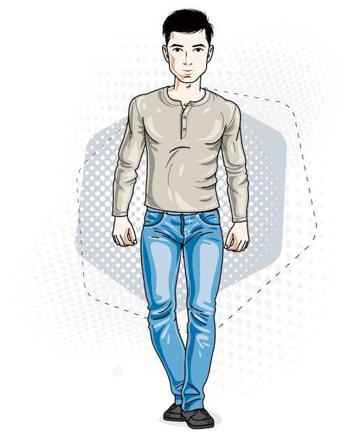 Vetor jovem moreno bonito e confiante em pé. ilustração vetorial de homem vestindo roupas casuais, calça jeans e moletom.