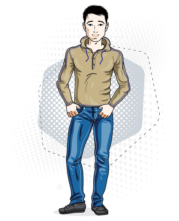 Vetor jovem moreno bonito e confiante em pé. ilustração vetorial de homem vestindo roupas casuais, calças jeans e pulôver.