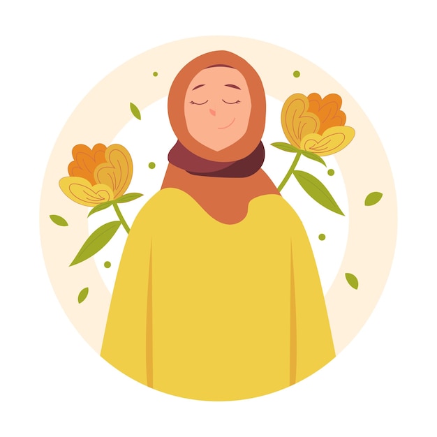 Vetor jovem muçulmana usando hijab com perfil estético de flor