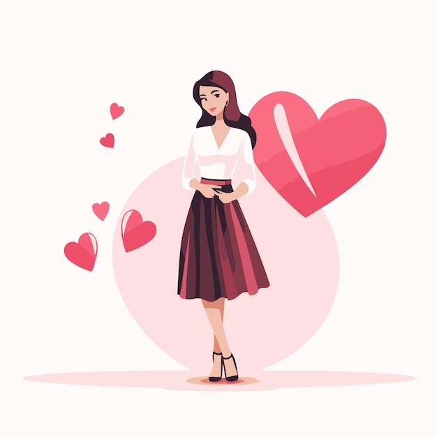 Jovem mulher adorável com coração vermelho ilustração vetorial em estilo de desenho animado