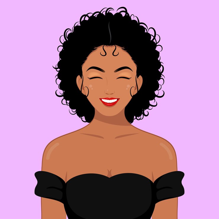 Vetor jovem mulher africana bonita sorrindo vestindo vestido festa noturna cuidados com a pele maquiagem beleza cabelo encaracolado