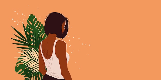 Jovem mulher afro-americana com cabelo preto curto e liso em regata branca Vetor